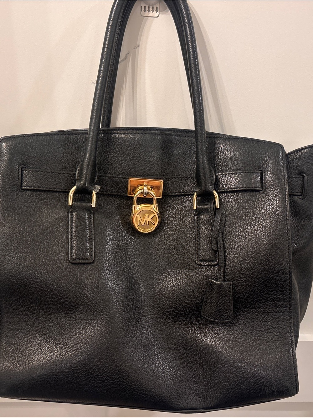 Michael Kors Black Leather Tote with Gold MK Lock